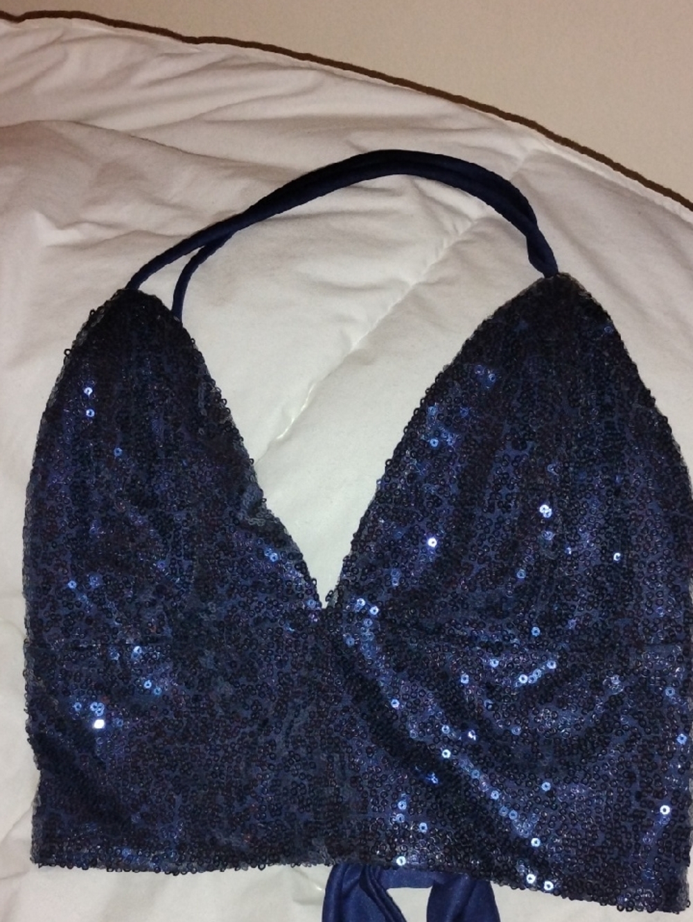 Sequin Halter Crop Top in Navy Blue